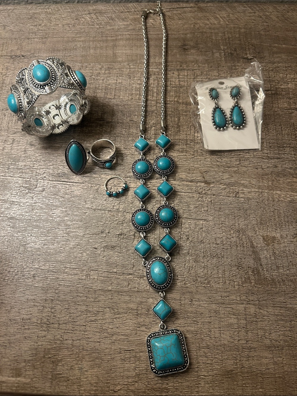 Turquoise Stone Silver-Tone Necklace and Earring Set - Women Costume Jewelry